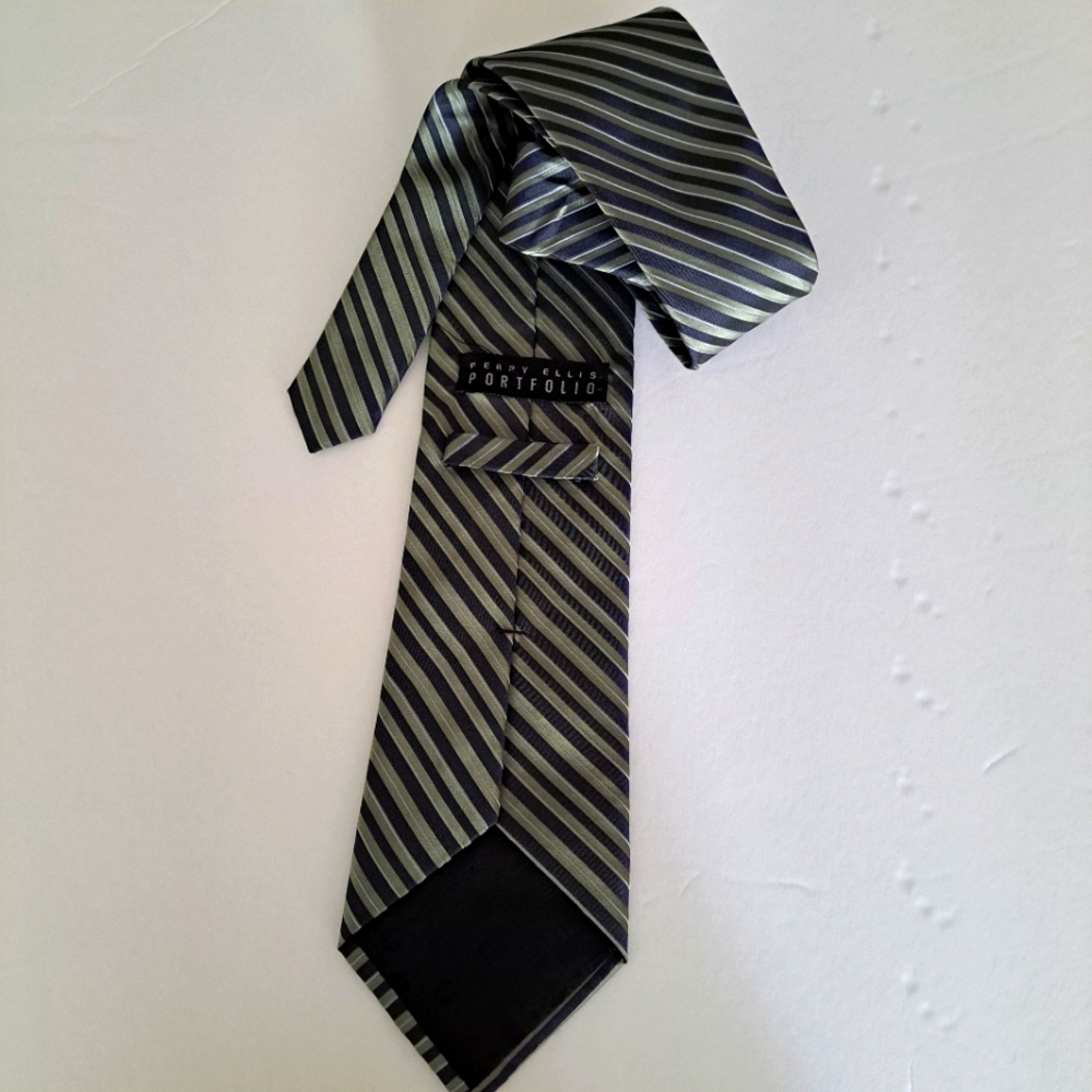Perry Ellis Portfolio Tri-Colored Olive Green Blue White 100% Silk Tie